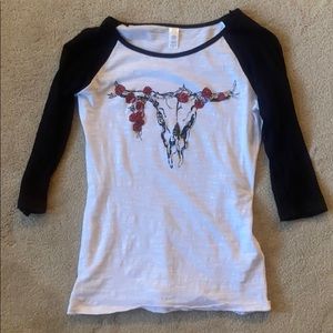 Skull, rose, and rhinestone raglan T-shirt